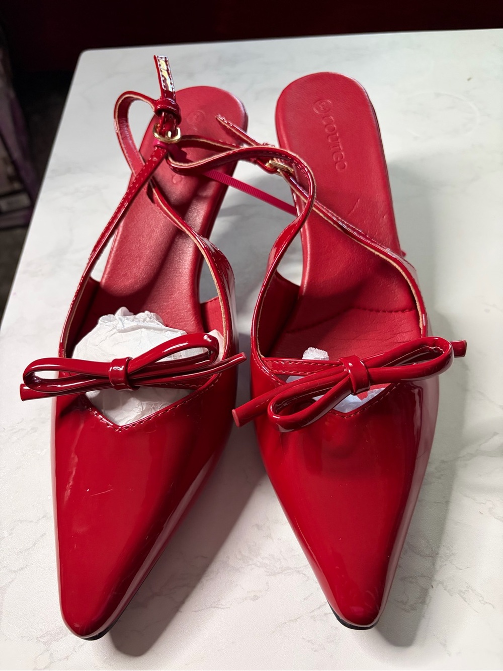 Red Patent Pointed Toe Slingback Mules with Bow